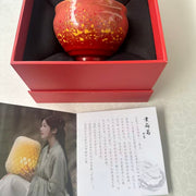 salmon pink and red  daqi laquer jianware teacup embellished with ebalony shell