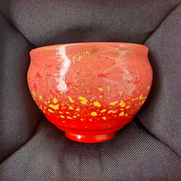 salmon pink and red  daqi laquer jianware teacup embellished with ebalony shell
